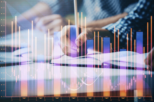 Multi exposure of two men planing investment with stock market forex chart.