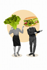 Vertical creative photo collage of headless girl guy food burger salad dancing party instead of head isolated on white color background