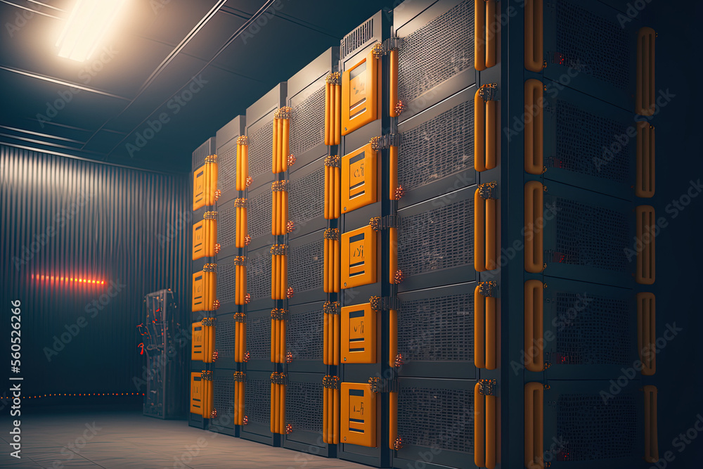 Poster large farm of bitcoin miners. in a steel container, asic mining equipment on stand racks mines crypt