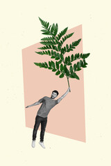 Template creative collage of young guy hold green fern tree branch flying away on drawing color...