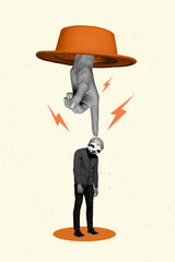 Vertical collage image of big black white effect arm inside orange hat pointing finger little sloth head guy isolated on painted background © deagreez