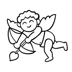 Funny Cupid with bow and heart arrow isolated on white. Hand drawn outline sketch, doodle style. Amur hunter or baby angel. Vector character for romantic and wedding design, Valentine's day symbol.