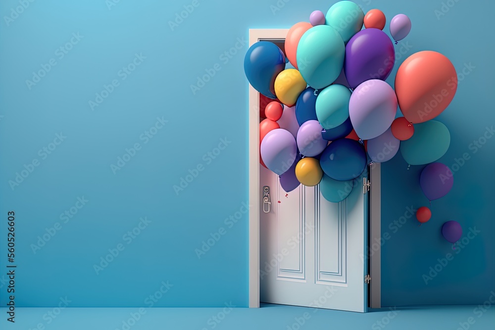 Poster exceptional multicolored balloons float over a blue backdrop behind a white door. generative ai