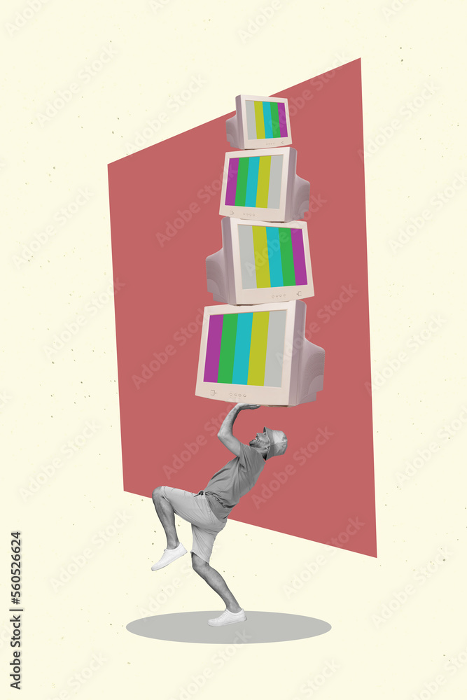 Poster creative surreal template collage of small guy hold pile monitors with no signal broken no connectio
