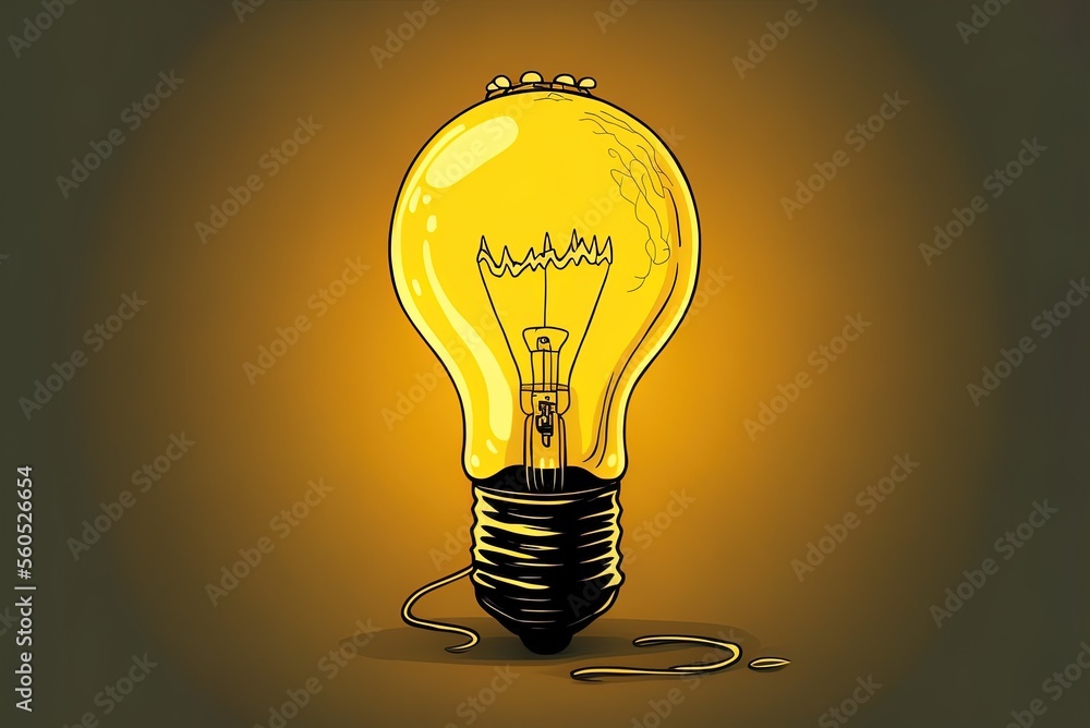 Poster cartoon image of a yellow blazing light bulb used as a metaphor or notion. generative ai