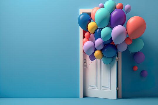 Exceptional multicolored balloons float over a blue backdrop behind a white door. Generative AI