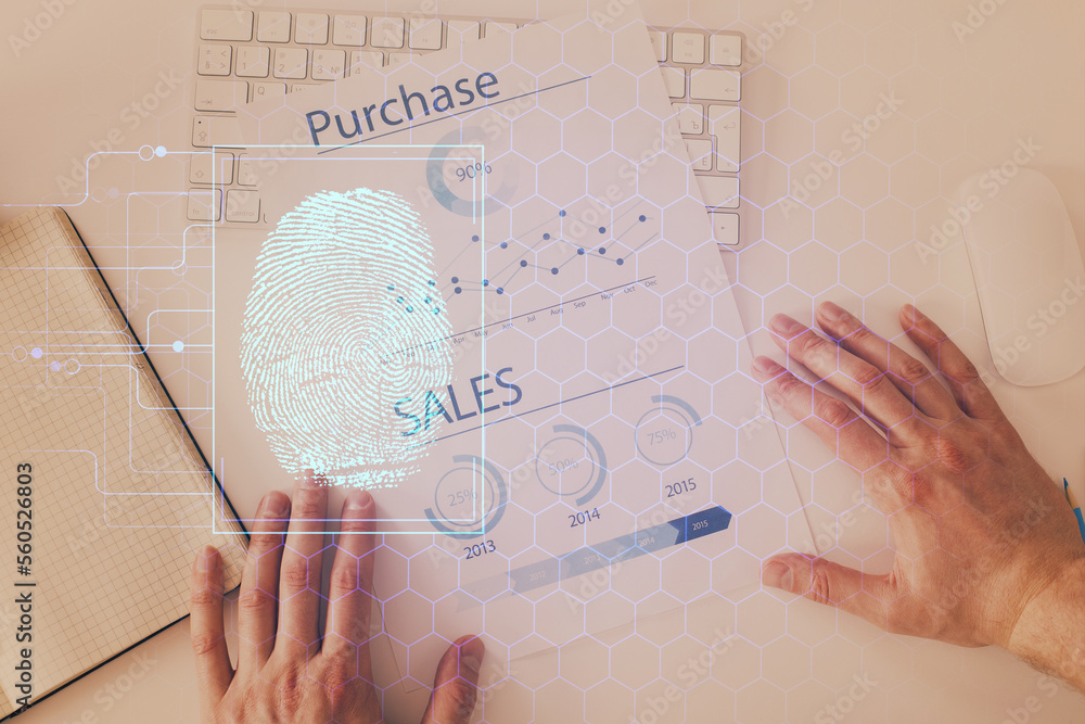 Aufkleber Concept of the future of security and password control through advanced technology. Fingerprint scan provides safe access with biometrics identification. Multi exposure.