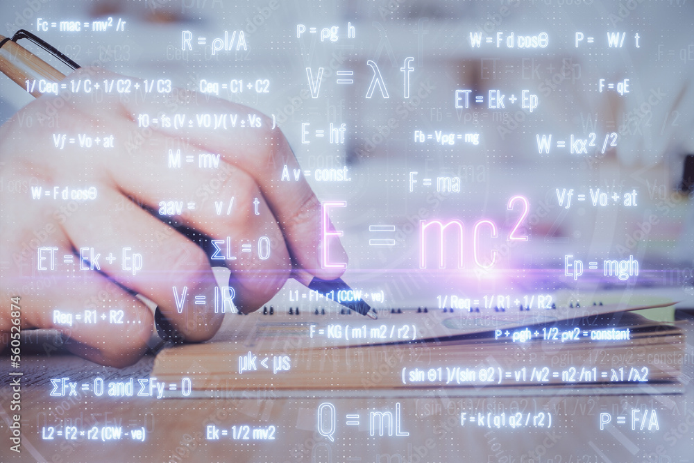 Poster student or teacher with mathematical and scientific formulas. concepts of education.