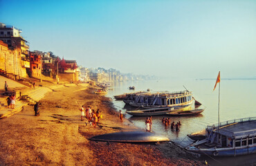 The banks of the River Ganges at dawn, Varanasi, Uttar Pradesh, India