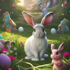 A weird easter bunny sitting in meadow with eggs