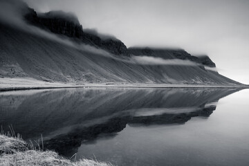black and white foggy landscape