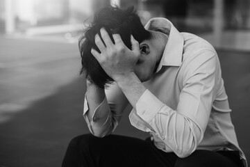 Depressed businessman lost his business. Destroyed businessman. Concept of business loss,...