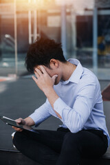 Depressed businessman lost his business. Destroyed businessman. Concept of business loss,...