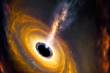 a black hole and its accretion disk being pictured in interstellar space, drawing gas and dust from a neighboring nebula. At the black hole's poles, gamma ray bursts blast into space. Generative AI