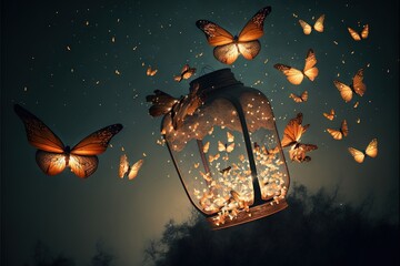 Fototapeta  a lantern with butterflies flying around it in the night sky above a forest of trees and a cluster of butterflies flying around it in the night sky above a lantern, with a lantern,. Generative AI obraz