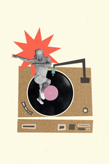 Vertical collage picture of excited positive black white colors guy dancing big vintage vinyl record player isolated on painted background