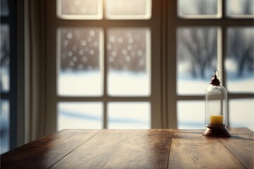  a table with a glass jar on top of it next to a window with a snowy scene outside it and a candle on top of the table in front of the glass, with a.