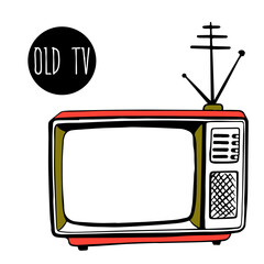 square old TV with an antenna. Antique TV in a classic wooden case, in sketch style. Leisure and entertainment. Appliances. style of the 80s. Old-style technology.