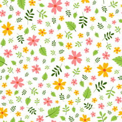 Summer vector pattern with cute simple flowers and leaves drawn in flat style for kids textile, wallpapers, wrapping paper