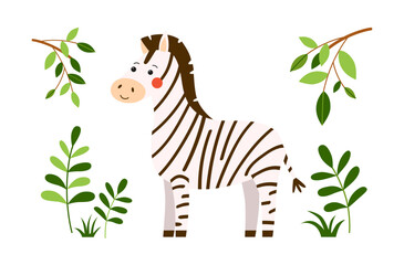 Cute vector print with striped baby zebra stands on the green grass and smiles happily. Kids illustration drawn in flat style