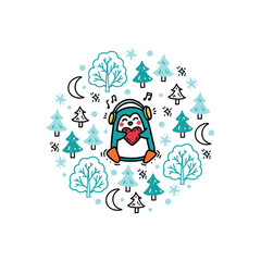 Cute baby penguin singing and dancing in a snowy forest. Funny winter illustration for printing on kids textile, greeting cards, stickers