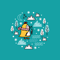Cute winter illustration with baby penguin fishing among icebergs and snow covered trees. Funny hand drawn print in doodle style for baby textiles, greeting cards, stickers