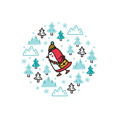 Cute baby penguin running in a snowy forest. Funny winter illustration for printing on kids textile, greeting cards, stickers