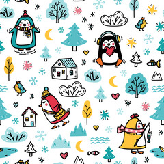 Cute seamless pattern with funny penguins. Kawaii baby animals in a winter forest on the coast of Antarctica. Simple colorful print hand drawn in doodle style for kids textile, wallpapers, packaging