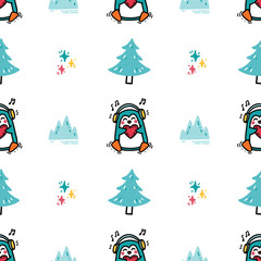 Cute pattern with baby penguin listening to music with headphones. Funny antarctic bird, trees, winter sea and icebergs hand drawn in doodle style. Seamless background for kids textile