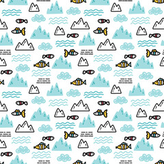 Simple childish pattern with fishes and icebergs hand drawn in doodle style on white background. Winter vector print for kids textile, wrapping paper, packaging design