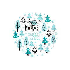Winter illustration with cute tiny house, trees, snowflakes hand drawn in doodle style. Snowy forest print with place for a text for kids textile, greeting cards, invitations, posters