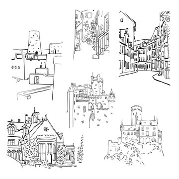 a set of images of ancient cities, castles, streets. cartoon sketch on a white background