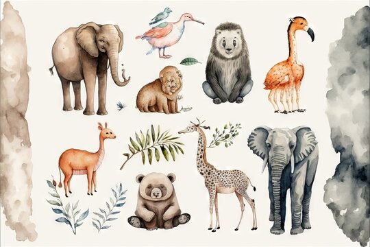 a watercolor painting of different animals and birds on a white background with a watercolor effect of a giraffe, an elephant, a giraffe, a zebra, a giraffe, a bird, a bird, a bird, and a bird.