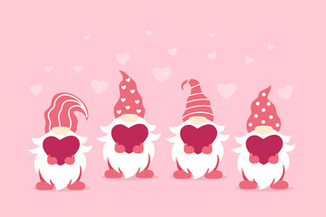 Cute Valentine Gnome with heart. Valentines day design. Vector illustration isolated on pink background.