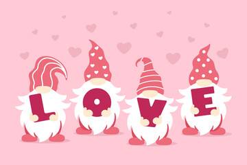 Cute Valentine Gnome with letters love. Valentines day design. Vector illustration isolated on pink background.