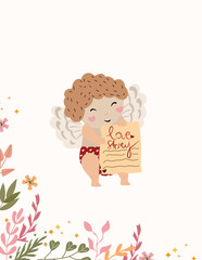 A cute cupid holds a postcard, leaves and flowers. A little angel as a symbol of love. Concept of holiday, love. Composition for greeting cards, posters, banners. Vector
