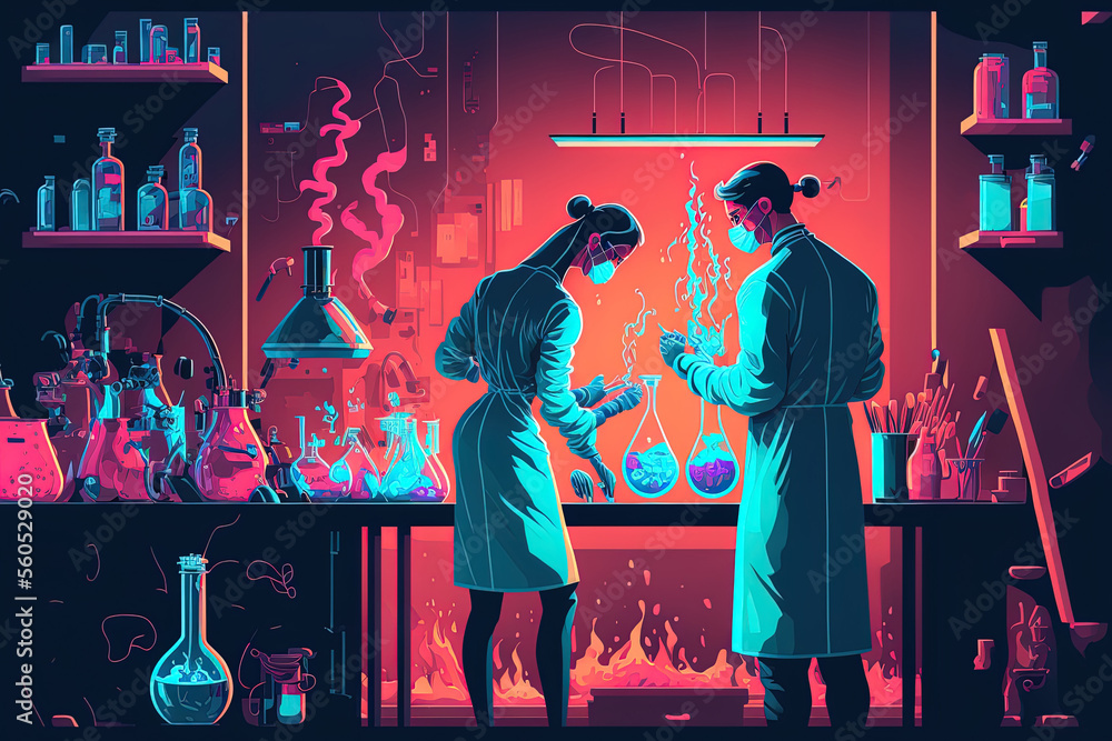 Aufkleber experiment in science. researchers in health care working at a life science lab. generative ai