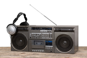 Retro cassette player or radio and headphones