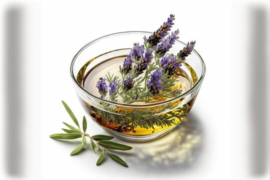  a bowl of oil with lavender flowers and an olive branch in it, on a white background with a shadow of an olive branch and a white background with a shadow of a white border.