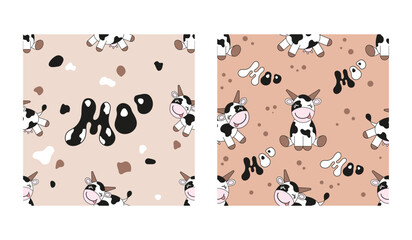Two vector seamless patterns with cartoon black and white cheerful cows on light backgrounds