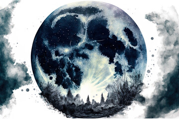 Large moon illustration in watercolor. Symbol of a fresh start, fantasy, romance, and enchantment. Black, gray, a circle, and a complete vista. Watercolor painting by , isolated on a white backdrop
