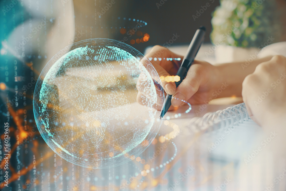 Poster double exposure of hands making notes with world map hologram and data theme icons. concept of inter