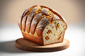  a loaf of bread with a slice cut out of it on a wooden board with a white background and a light brown background behind it, with a light brown background, with a few.