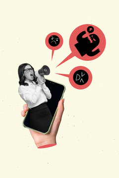 Creative template collage of bossy young lady from touch screen device loud scam message shout hate speech