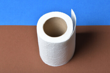 Roll of toilette paper on brown and blue background