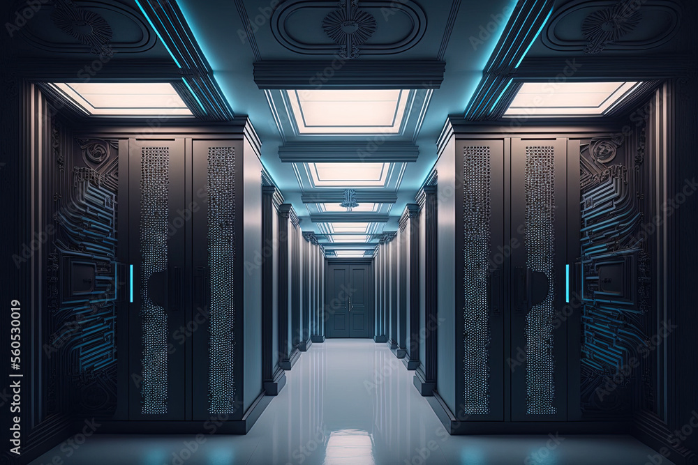 Poster the symmetry of a modern server room ranks supercomputers as light. generative ai