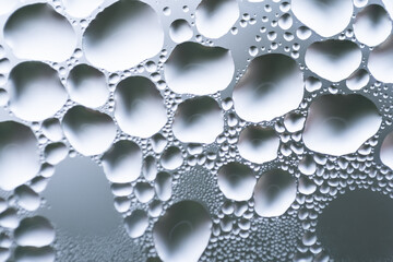Water drops on white background texture. backdrop glass covered with drops of water. bubbles in water. Cells, drops of water on glass, close up macro view,water is life,selective focus.