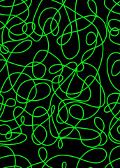 Abstract doodle drawing with green lines on black background.Seamless pattern.	