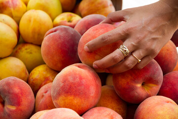 Female hand holding a peach fruit at the top of a pile in the market, crete, greece