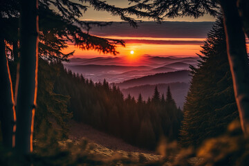 breathtaking view of the Black Forest's landscape and sunset from the Roßbühl Refuge in Oppenau, Oppenauer Steige. Generative AI - obrazy, fototapety, plakaty